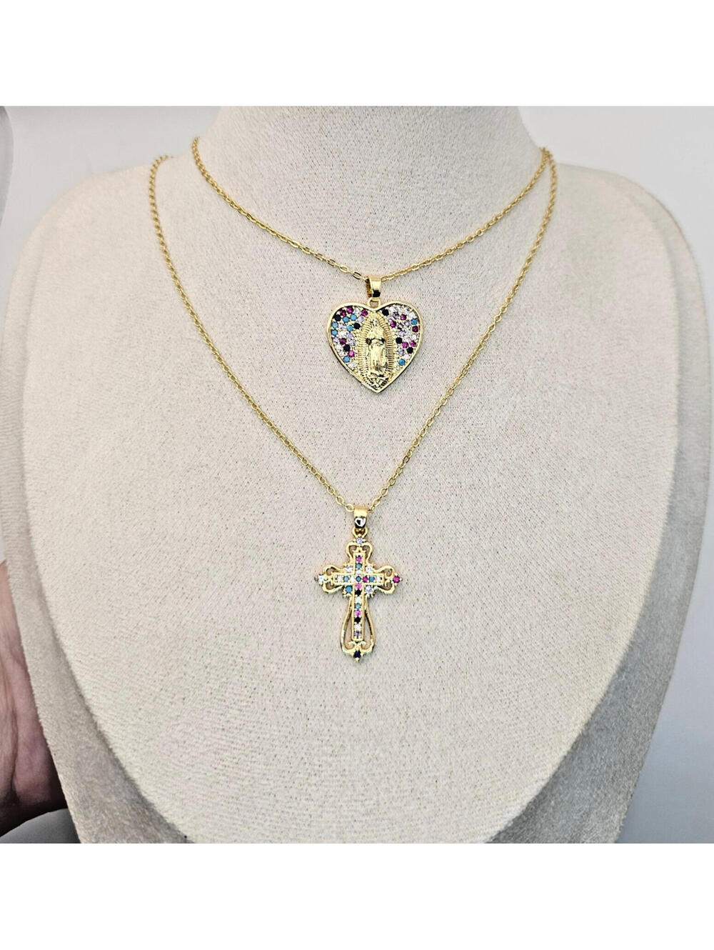 CZ Cross and Mary Catholic Pendant Necklaces Gold-plated lot of 2 - Picture 6 of 6